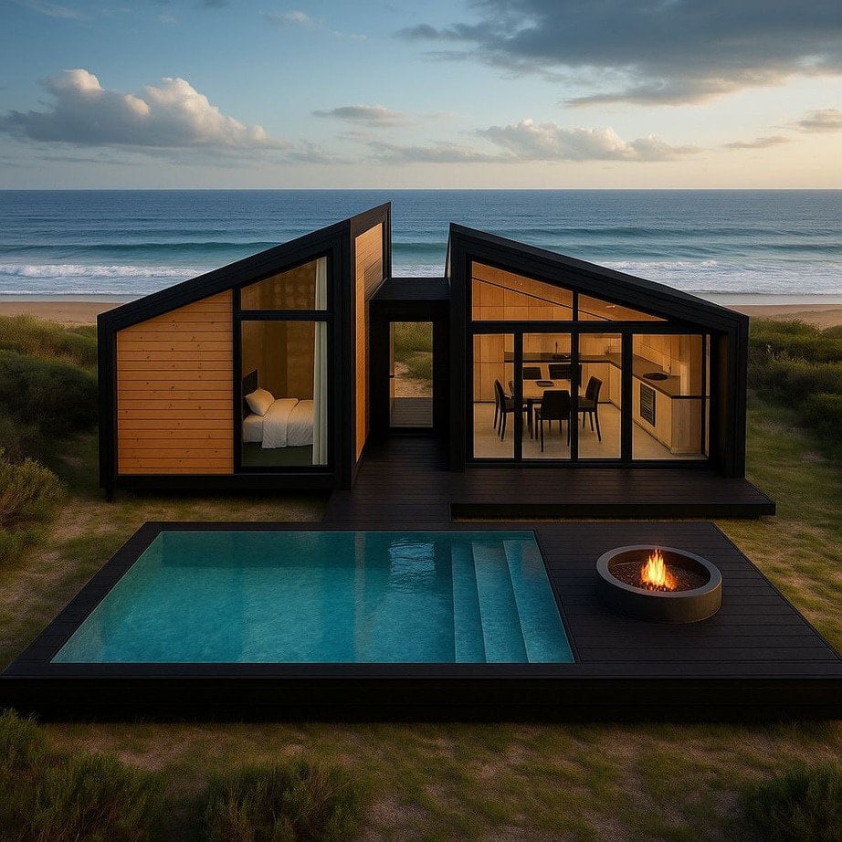 Casa Árbol: dos volúmenes oscuros con madera, deck y piscina frente al mar