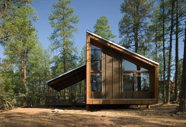 Casa Brote: volumen de madera con techo inclinado entre pinos