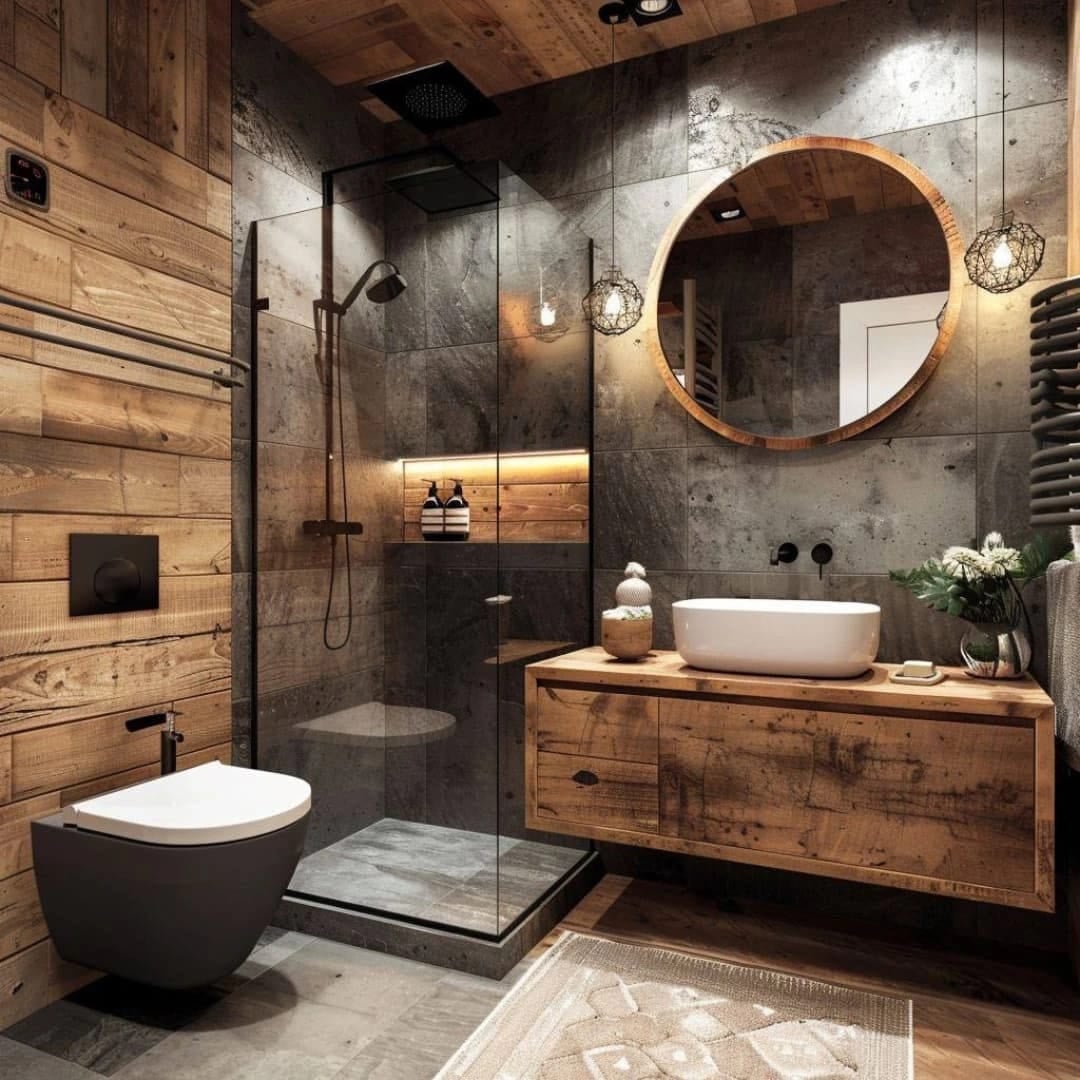 Baño con revestimiento de madera y piedra, espejo circular y vanitory de madera